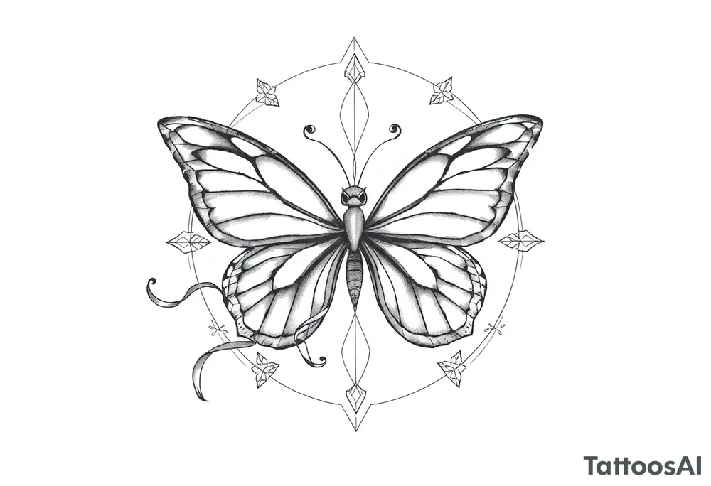 ethereal butterfly with flowing silk ribbons in geometric mandala tattoo idea
