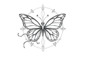 ethereal butterfly with flowing silk ribbons in geometric mandala tattoo idea