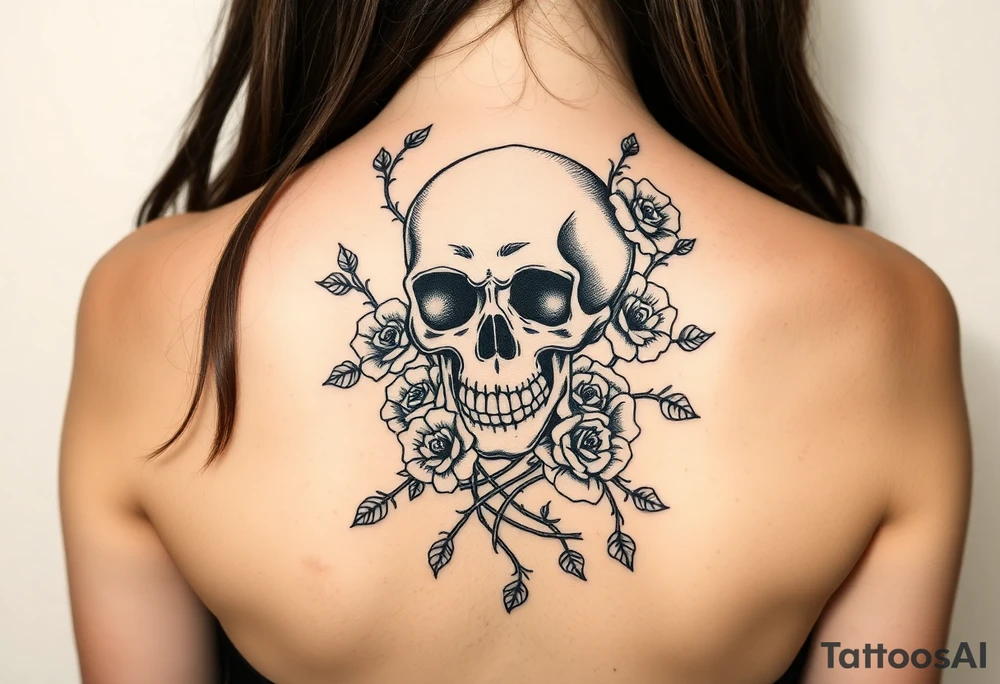 gothic skull intertwined with climbing roses and thorny vines tattoo idea