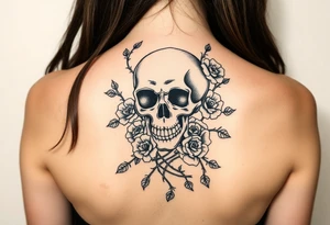 gothic skull intertwined with climbing roses and thorny vines tattoo idea