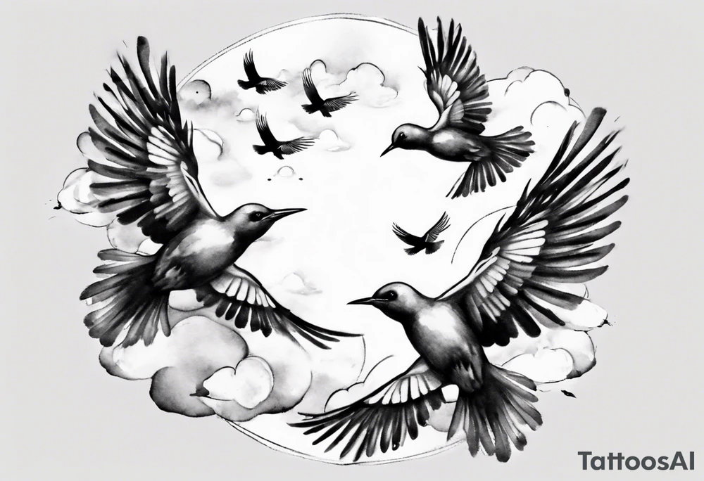 shoulder tattoo with light rays with birds flying free among the clouds, round shape, 3d effect tattoo idea