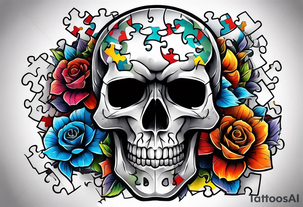 Skull with Autism Awareness Puzzle pieces. tattoo idea