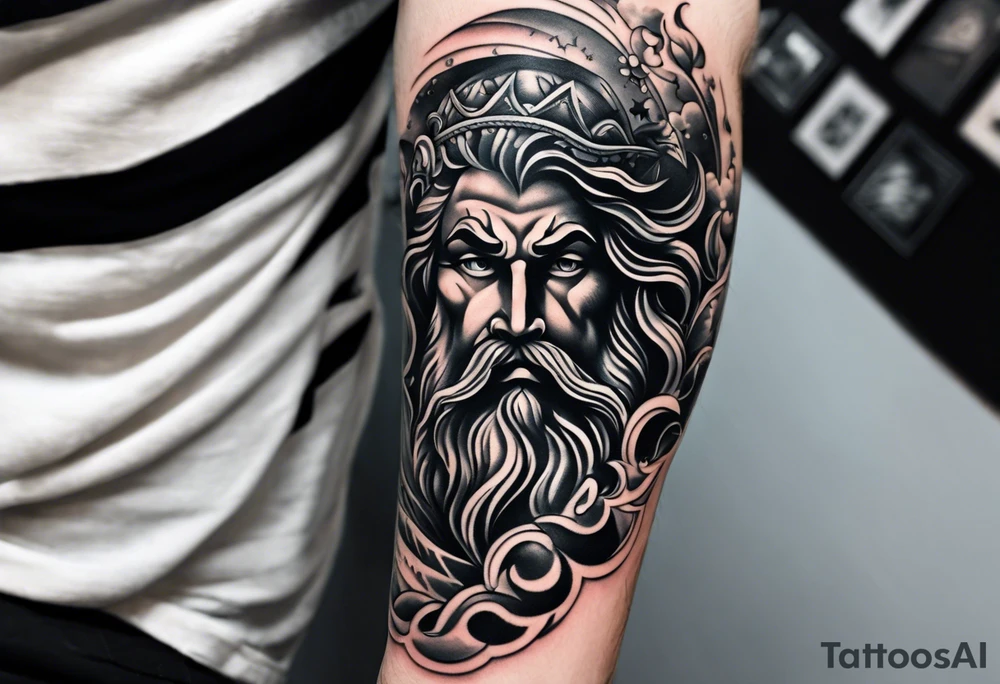 Elbow to wrist tattoo, with most of it being the god Poseidon. I want it to be very detailed. I would like it to flow from the tattoo above which has clouds as a background tattoo idea