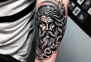Elbow to wrist tattoo, with most of it being the god Poseidon. I want it to be very detailed. I would like it to flow from the tattoo above which has clouds as a background tattoo idea