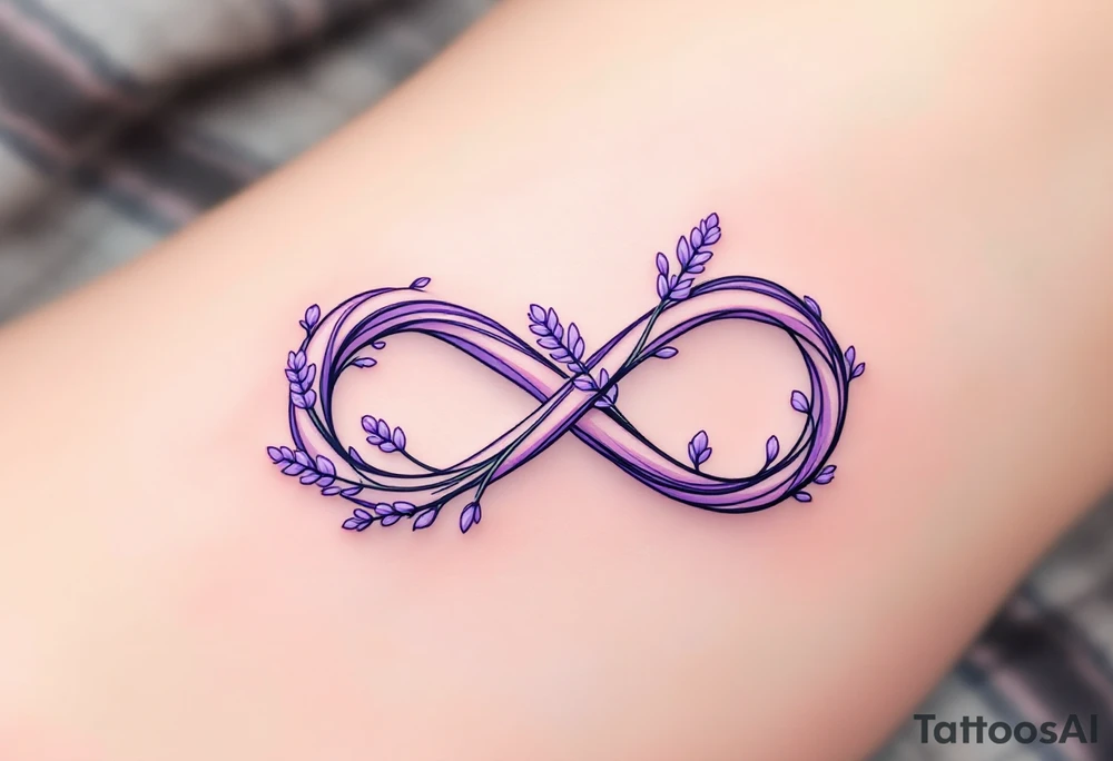 An infinity symbol intertwined with a lavender stem, with a soft ombré effect blending from violet to pastel pink. tattoo idea