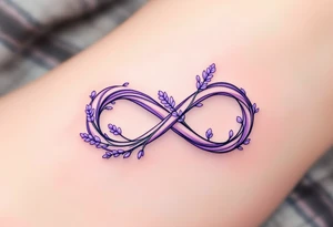 An infinity symbol intertwined with a lavender stem, with a soft ombré effect blending from violet to pastel pink. tattoo idea