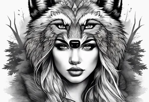 Beautiful woman wearing a wolf head dress, the wolf face should be snarling and look super aggressive. Background of forest with raging storm tattoo idea