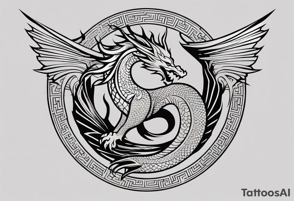 For a Gen Z-inspired dragon and phoenix tattoo, think of a clean, minimalist design that combines symbolism with bold, sleek lines. Imagine a dragon and phoenix spiraling together in a yin-yang-inspired layout. The dragon has a slightly abstract, modern shape, with sharp, flowing lines to show power, resilience, and wisdom, while the phoenix is rendered with sweeping curves and minimal detailing, symbolizing rebirth, growth, and transformation.

Both creatures should interact harmoniously, representing balance and duality. To keep it meaningful, focus on line work rather than intricate shading—clear, open spaces allow the tattoo to feel light and energetic. Adding small symbols, like stars or a faint galaxy backdrop, can enhance the "rising from ashes" and "strength through challenge" themes. This design will appeal timelessly while resonating with Gen Z’s love for symbolism and simplicity. tattoo idea