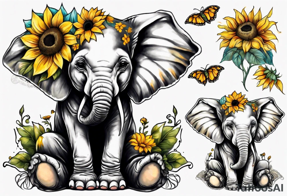 Sitting young elephant with Raised trunk and sunflowers tattoo idea