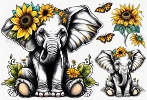 Sitting young elephant with Raised trunk and sunflowers tattoo idea