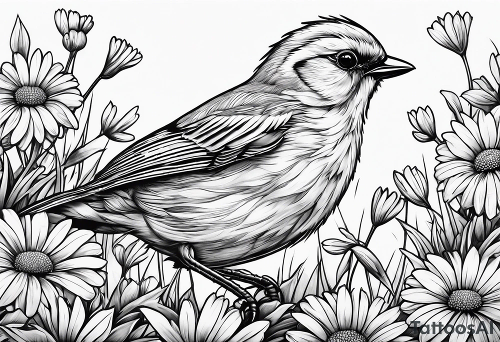 Little bird outlined perched on grass and daisy tattoo idea