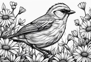 Little bird outlined perched on grass and daisy tattoo idea