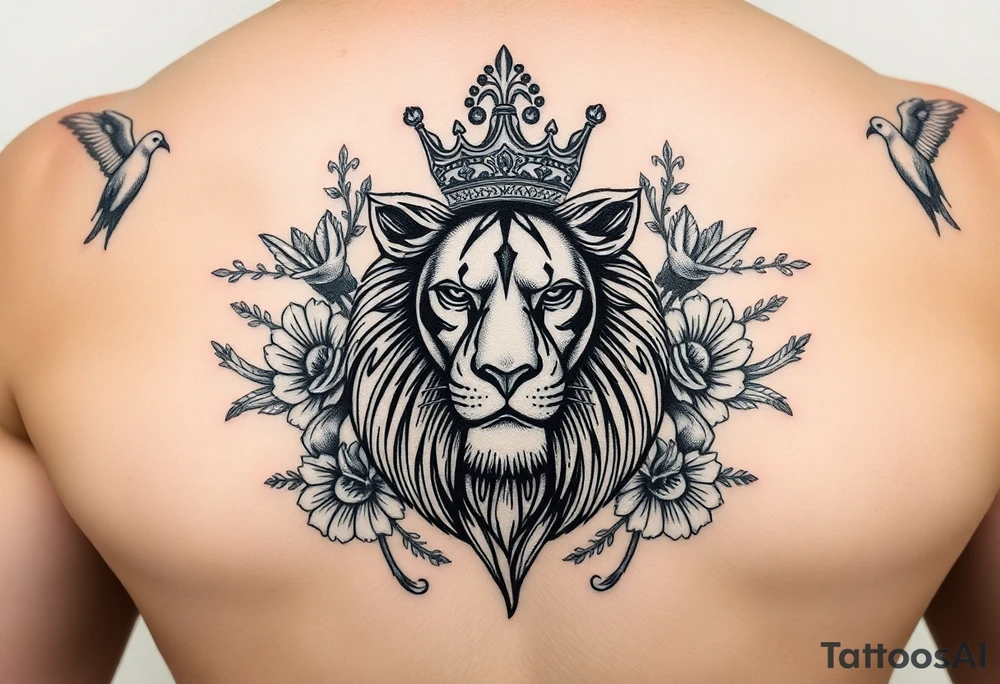 powerful majestic lion with a crown, surrounded by floral ornaments and birds tattoo idea