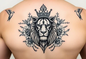 powerful majestic lion with a crown, surrounded by floral ornaments and birds tattoo idea