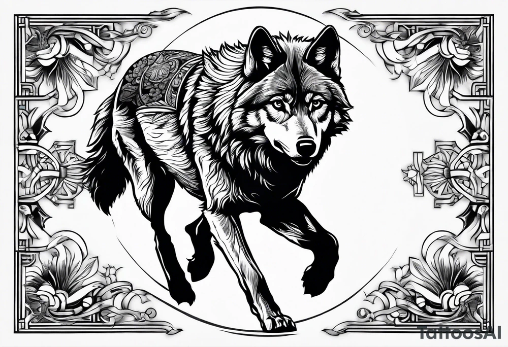 strength, small, running young wolf, elegant, sun, lenghty tattoo idea
