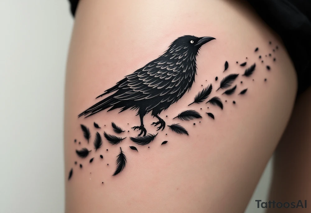 Crow with Feather Trail – A flying crow leaving a trail of scattered feathers behind. Black ink with white highlights and a hint of silver dust effect. tattoo idea