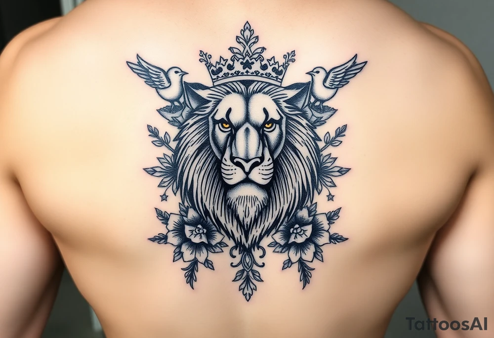powerful majestic lion with a crown, surrounded by floral ornaments and birds tattoo idea