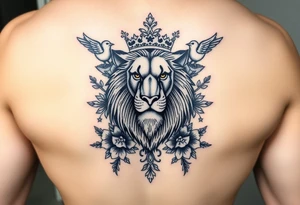 powerful majestic lion with a crown, surrounded by floral ornaments and birds tattoo idea