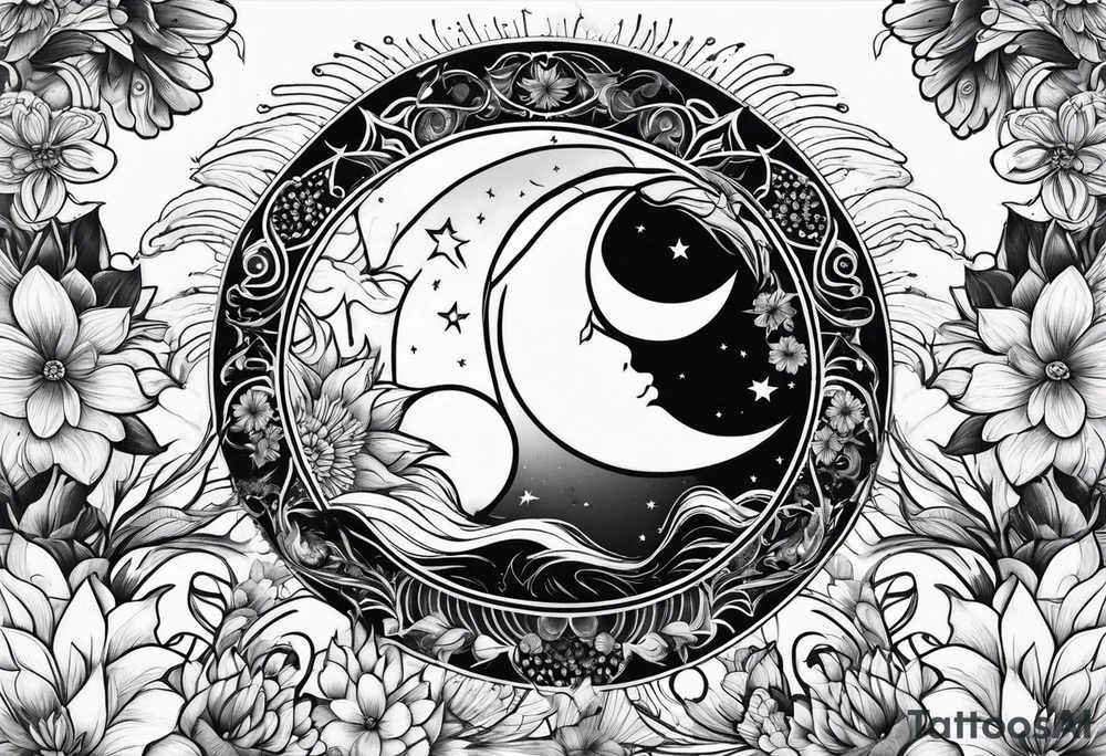 sun moon floral tattoo idea