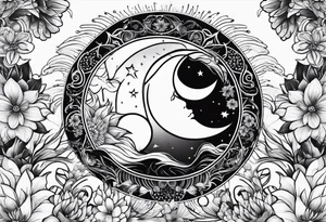 sun moon floral tattoo idea