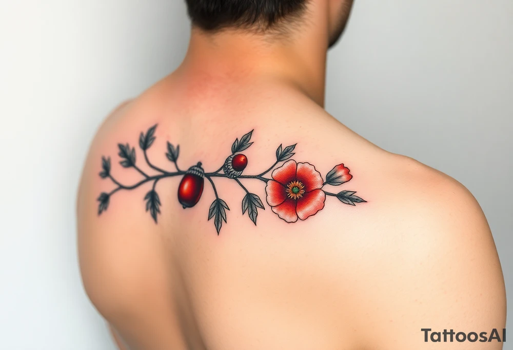 colored tattoo on the arm depicting an oak branch with acorns and poppy flowers tattoo idea