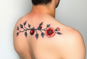 colored tattoo on the arm depicting an oak branch with acorns and poppy flowers tattoo idea