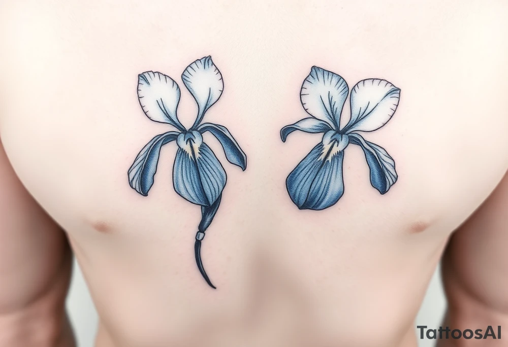 Single blue iris flower in the style of Van Gogh. One petal falling and one upright. Tattoo is to be on abdomen. tattoo idea