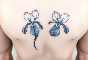 Single blue iris flower in the style of Van Gogh. One petal falling and one upright. Tattoo is to be on abdomen. tattoo idea