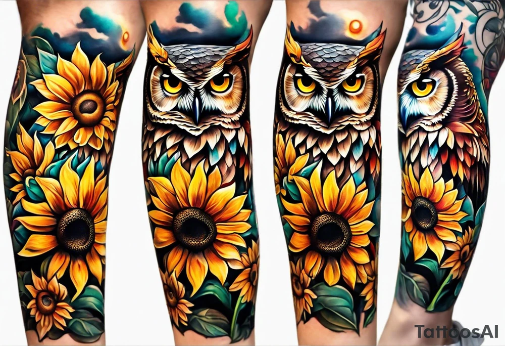 Leg sleeve with colorful sunflowers and an owl tattoo idea