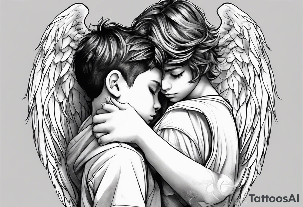 A boy laying his head on an angel’s shoulder tattoo idea