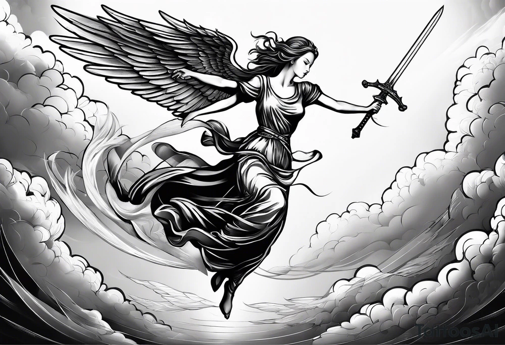 female angel with sword flying in the sky tattoo idea