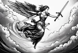 female angel with sword flying in the sky tattoo idea