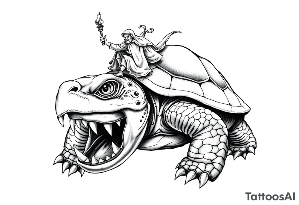 powerful and angry turtle with huge teeth and a tiny person riding on the back holding a torch tattoo idea