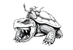 powerful and angry turtle with huge teeth and a tiny person riding on the back holding a torch tattoo idea
