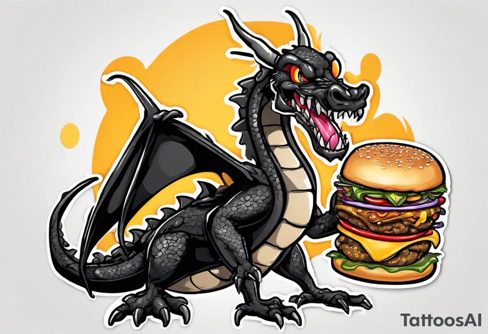 full body happy black dragon eating a cheeseburger tattoo idea