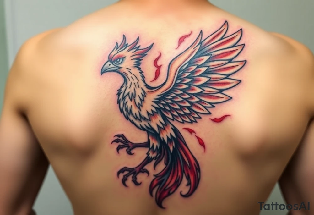 Anime-style phoenix tattoo in the art style of One Piece — bold dynamic linework, exaggerated expressive features, vibrant fiery colors, swirling flames, detailed feathers with dramatic shading, powerful stance rising upward, epic energy aura, manga-style highlights, high-contrast shading, clean tattoo-friendly design, crisp outlines, symmetrical flow, body-art composition, glowing embers, dramatic motion, One Piece anime aesthetics. tattoo idea