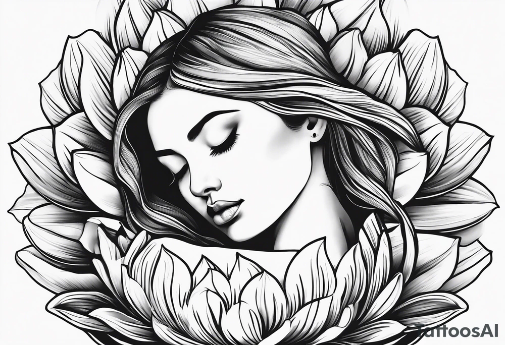 black and white tattoo design of the woman asleep in a fetal position inside a closed flower bud, styled for my wrist. tattoo idea