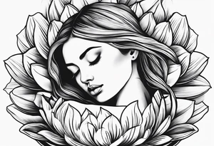 black and white tattoo design of the woman asleep in a fetal position inside a closed flower bud, styled for my wrist. tattoo idea