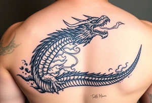 fierce dragon breathing iridescent fire against stormy skies tattoo idea