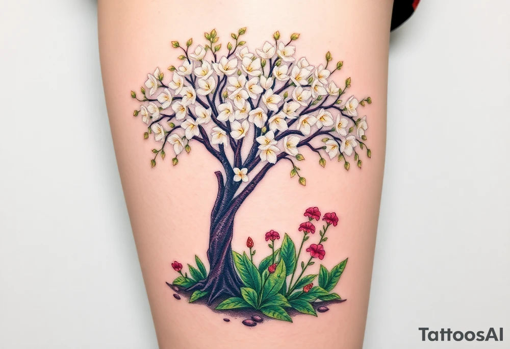 Flowering hawthorne tree with white lilly of the vally bell plants planted by  tree with other colorful  lilly plants on ground tattoo idea