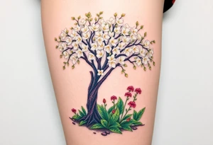 Flowering hawthorne tree with white lilly of the vally bell plants planted by  tree with other colorful  lilly plants on ground tattoo idea