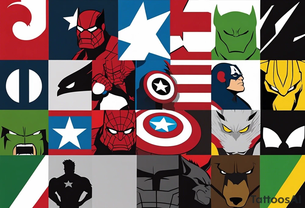 I want to change Avengers Team characters with animals. Hulk will be represented by a Badger.
Thor will be depicted as an Alpha Grey Wolf.
Captain America will be symbolized by a Bull.
Iron Man's character will be embodied by a Canary.
Black Widow's role will be portrayed by an Axolotl.
Hawkeye will be depicted as a Sudan Plated Lizard.
Nick Fury will be represented by a Cat. tattoo idea