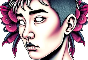 Handsome Asian young guy with white eyes tattoo idea
