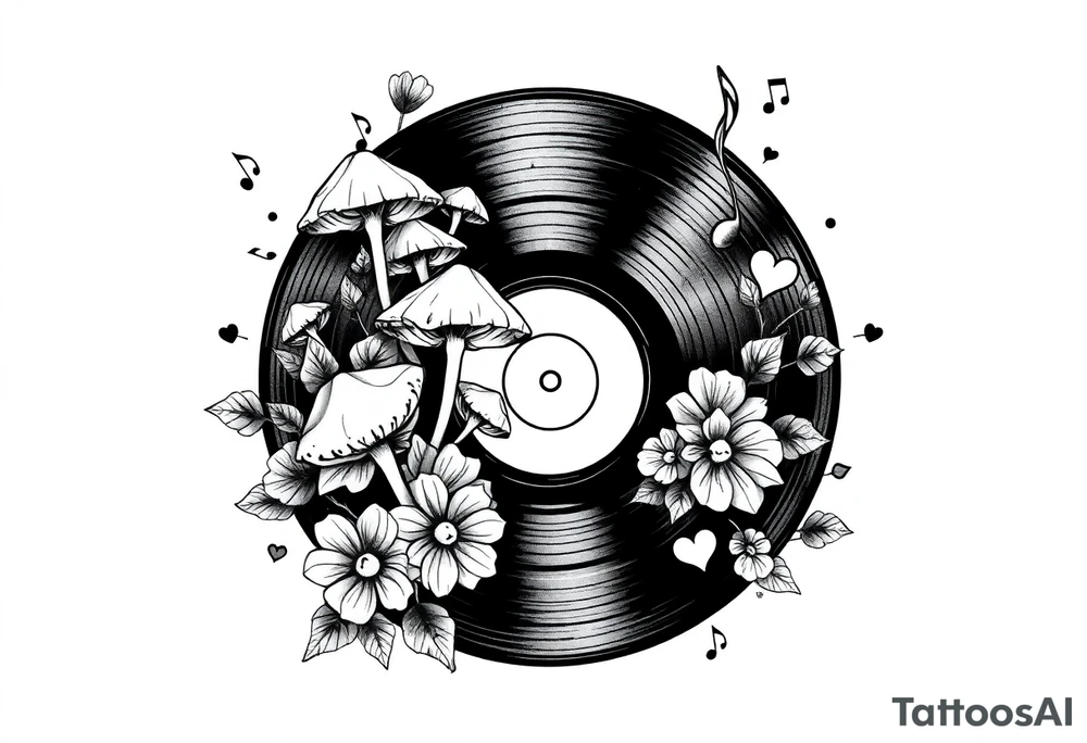 vinyl record with mushrooms, flowers, hearts, and music notes tattoo idea