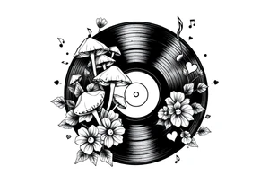 vinyl record with mushrooms, flowers, hearts, and music notes tattoo idea