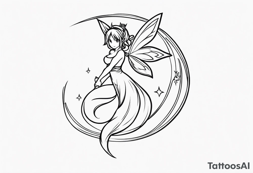 A fairy with a tail inspired by the logo of the anime show called Fairy Tail in a fetal position leaning in and forward while in the air floating tattoo idea