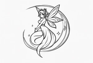 A fairy with a tail inspired by the logo of the anime show called Fairy Tail in a fetal position leaning in and forward while in the air floating tattoo idea