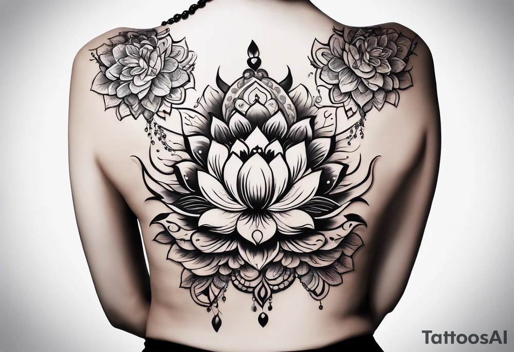 Small Floating lotus upper back with florals and henna to each shoulder tattoo idea