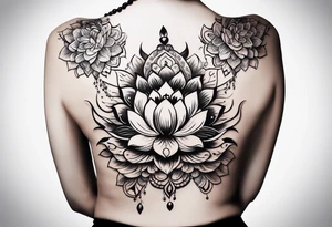 Small Floating lotus upper back with florals and henna to each shoulder tattoo idea
