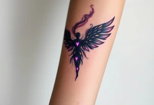 An abstract angel of death emerging from smoke, its wings composed of fragmented dark shards, glowing with neon purple and orange accents. tattoo idea